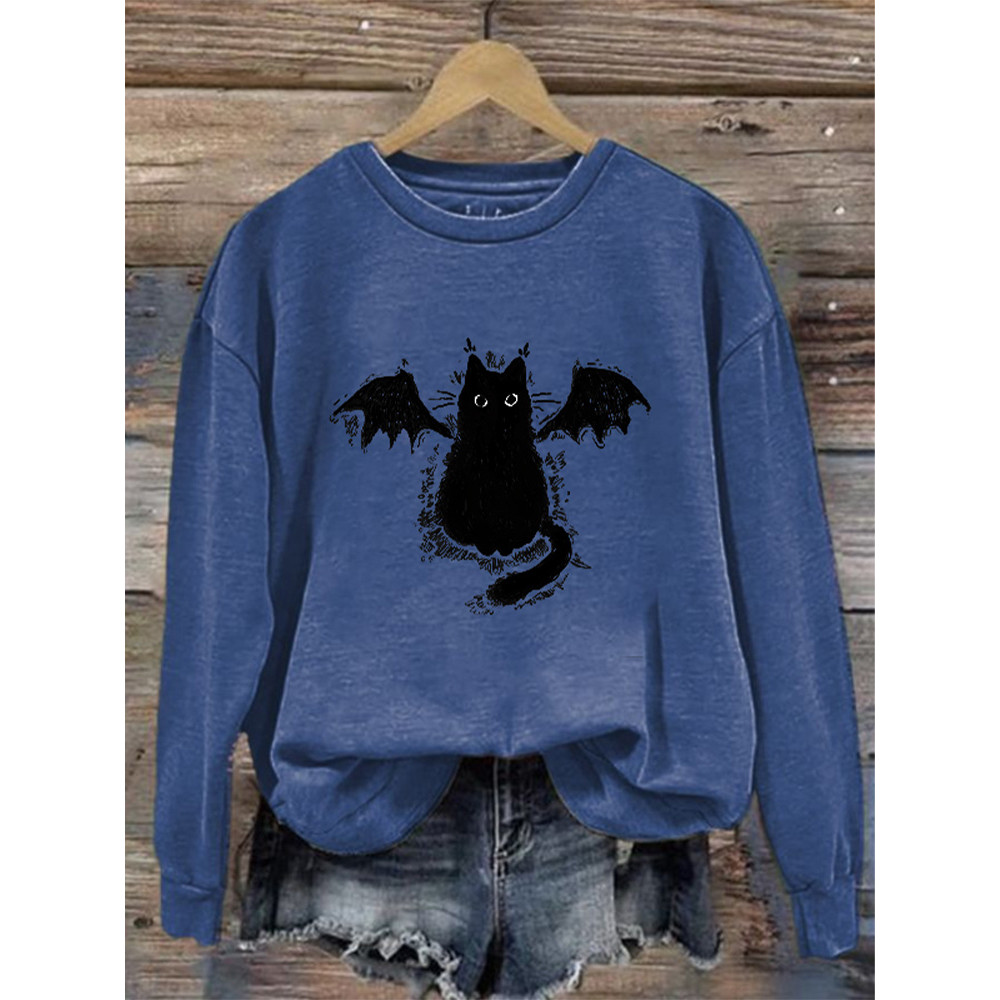 Women's Casual Demon Black Cat Print Sweatshirt
