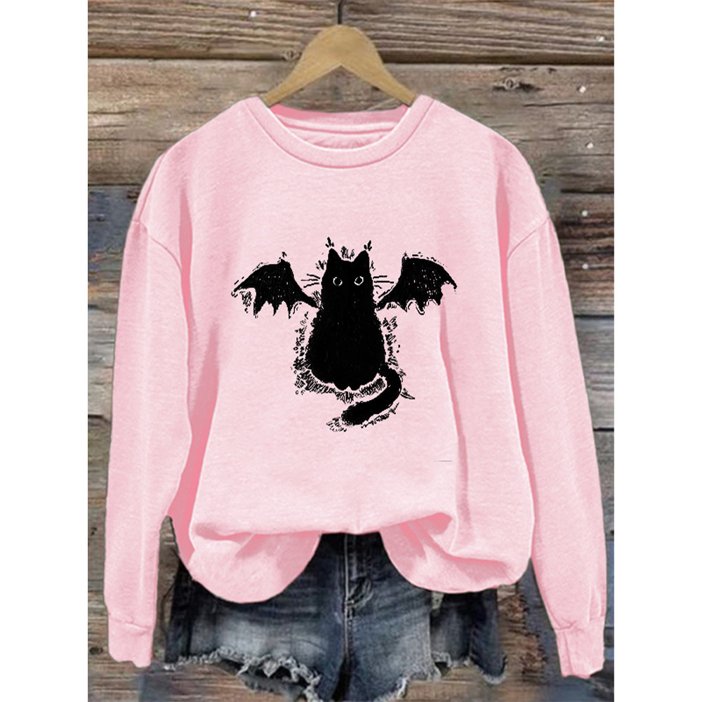 Women's Casual Demon Black Cat Print Sweatshirt