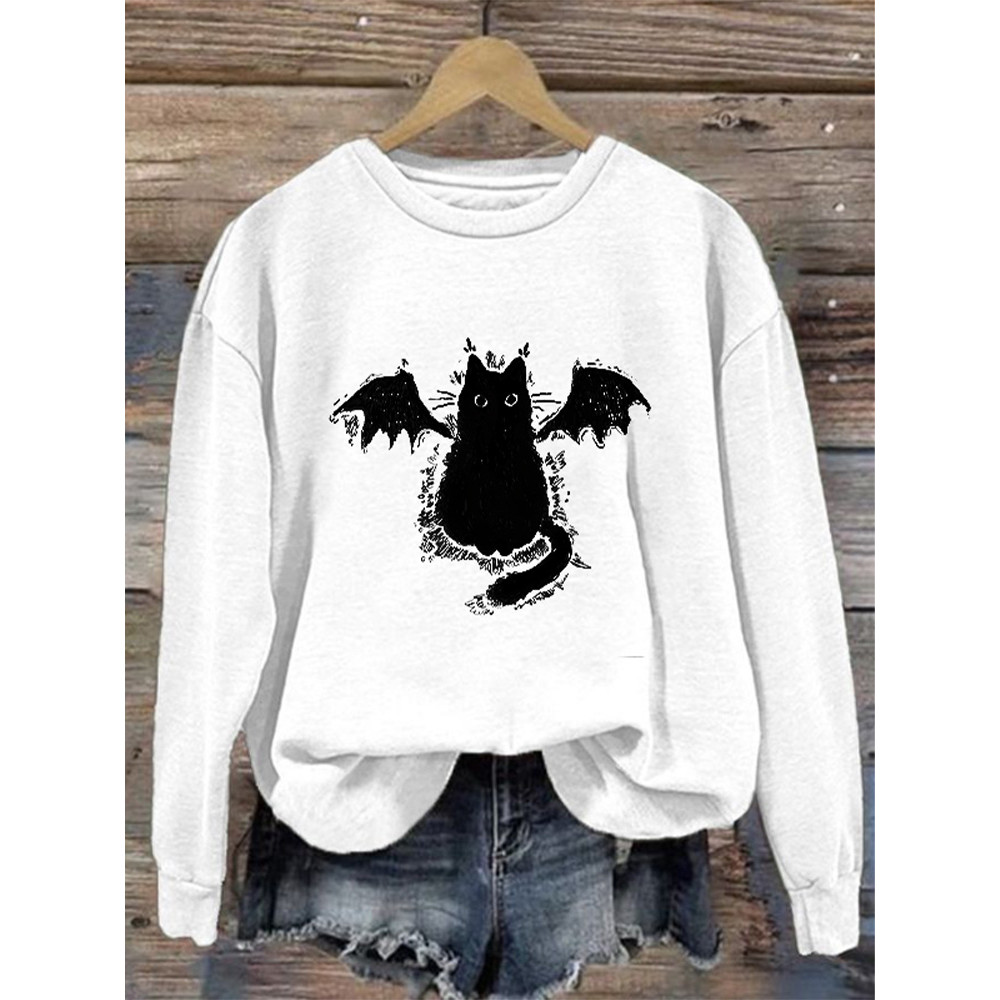 Women's Casual Demon Black Cat Print Sweatshirt
