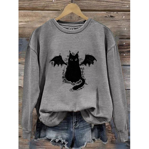 Women's Casual Demon Black Cat Print Sweatshirt