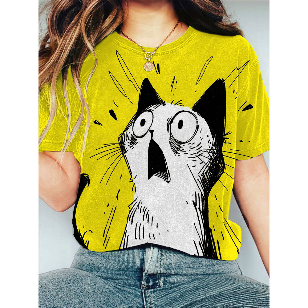Women's Casual Surprise Cat Print Cotton Blend T-Shirt