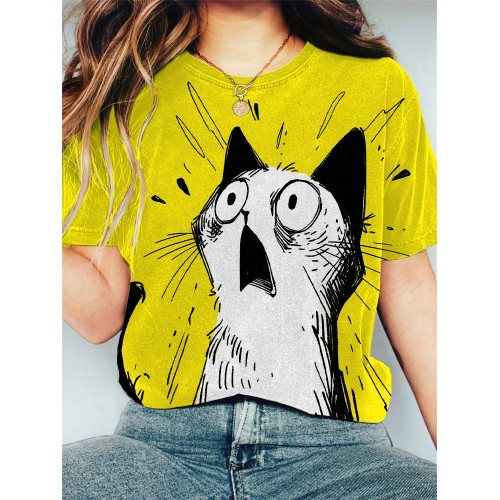 Women's Casual Surprise Cat Print Cotton Blend T-Shirt