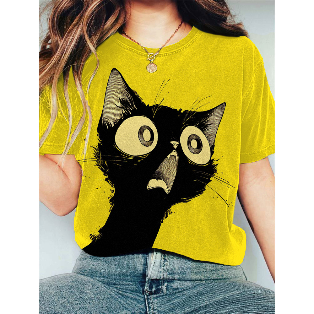 Women's Casual Surprise Cat Print Cotton Blend T-Shirt