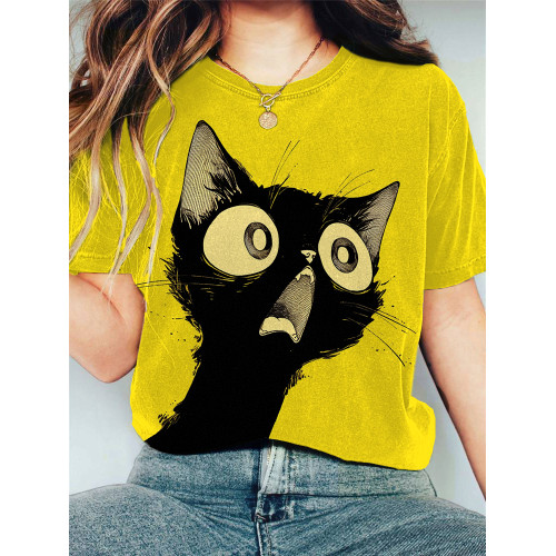 Women's Casual Surprise Cat Print Cotton Blend T-Shirt