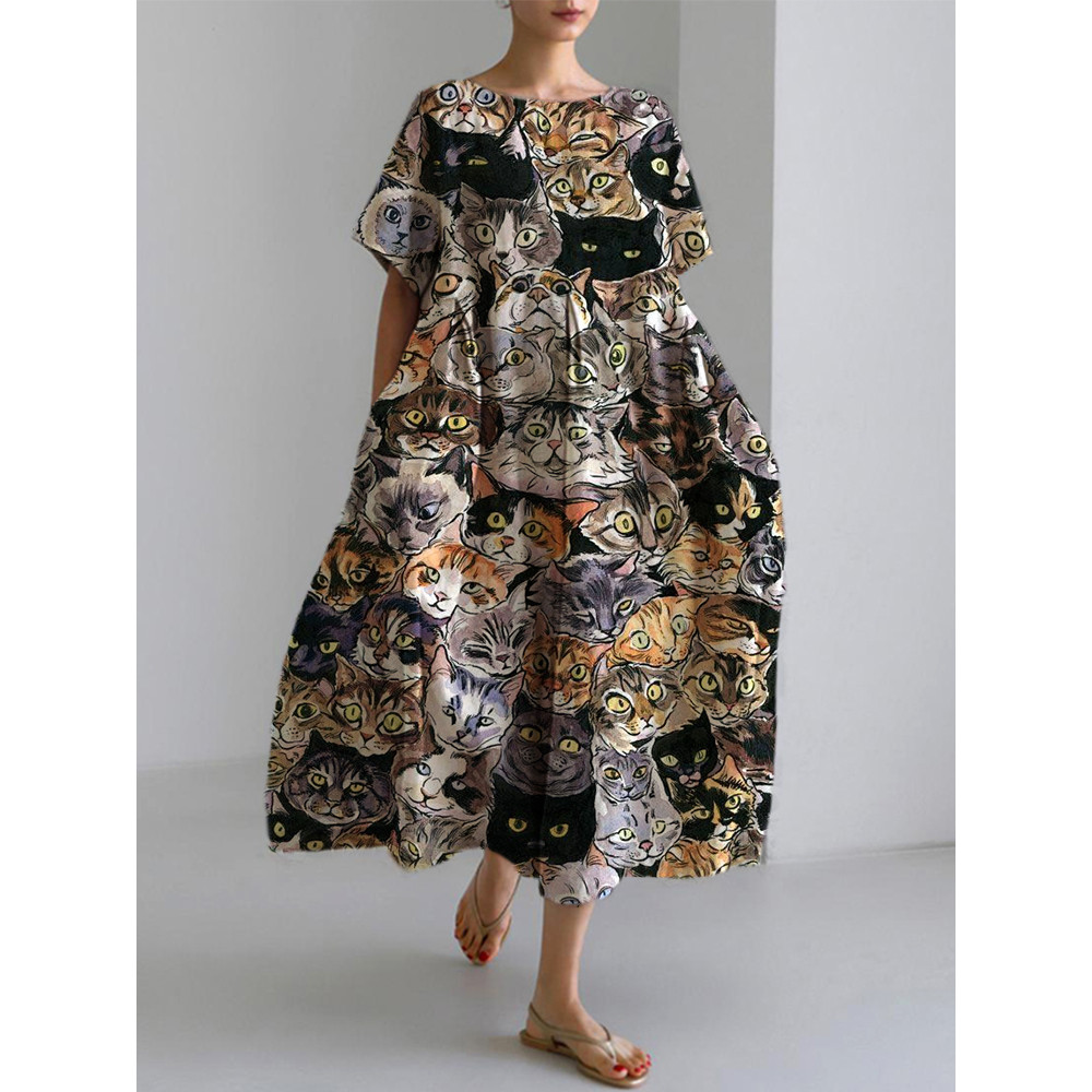 Women's Casual Vintage Farm Cats Print Dress