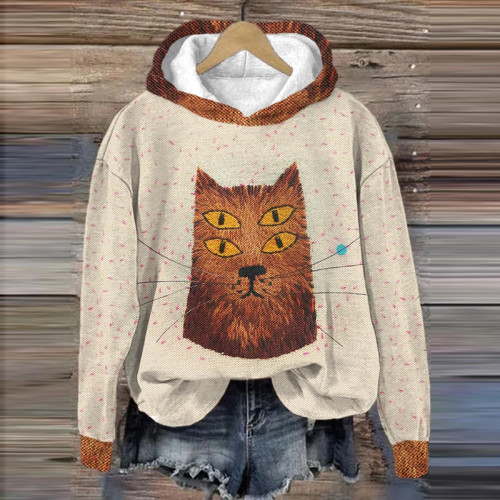 Women's Cat Casual Print Long Sleeve Hoodie