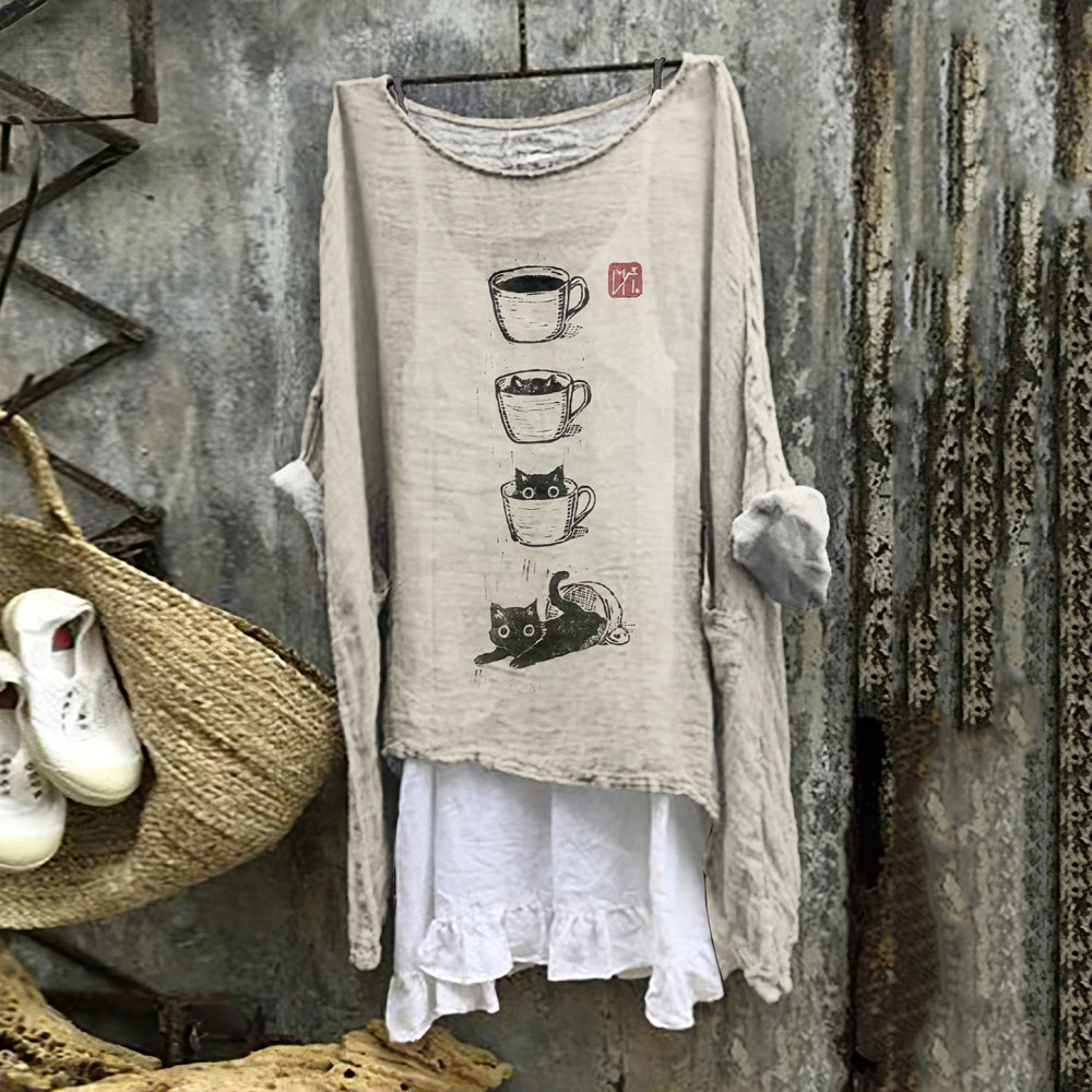 Women's Cat Coffee Cup Japanese Art Painting Print Blouse