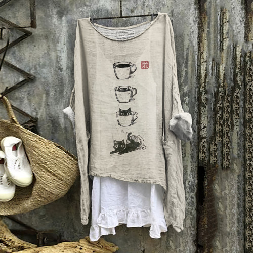 Women's Cat Coffee Cup Japanese Art Painting Print Blouse