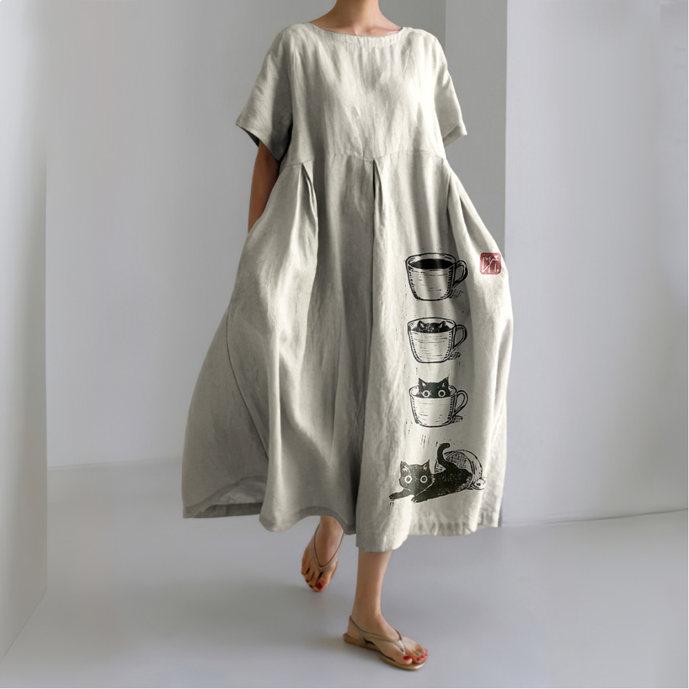 Women's Cat Coffee Cup Japanese Art Painting Print Midi Dress