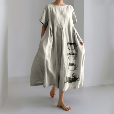 Women's Cat Coffee Cup Japanese Art Painting Print Midi Dress