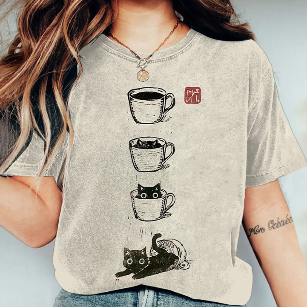 Women's Cat Coffee Cup Japanese Art Painting Print T-Shirt