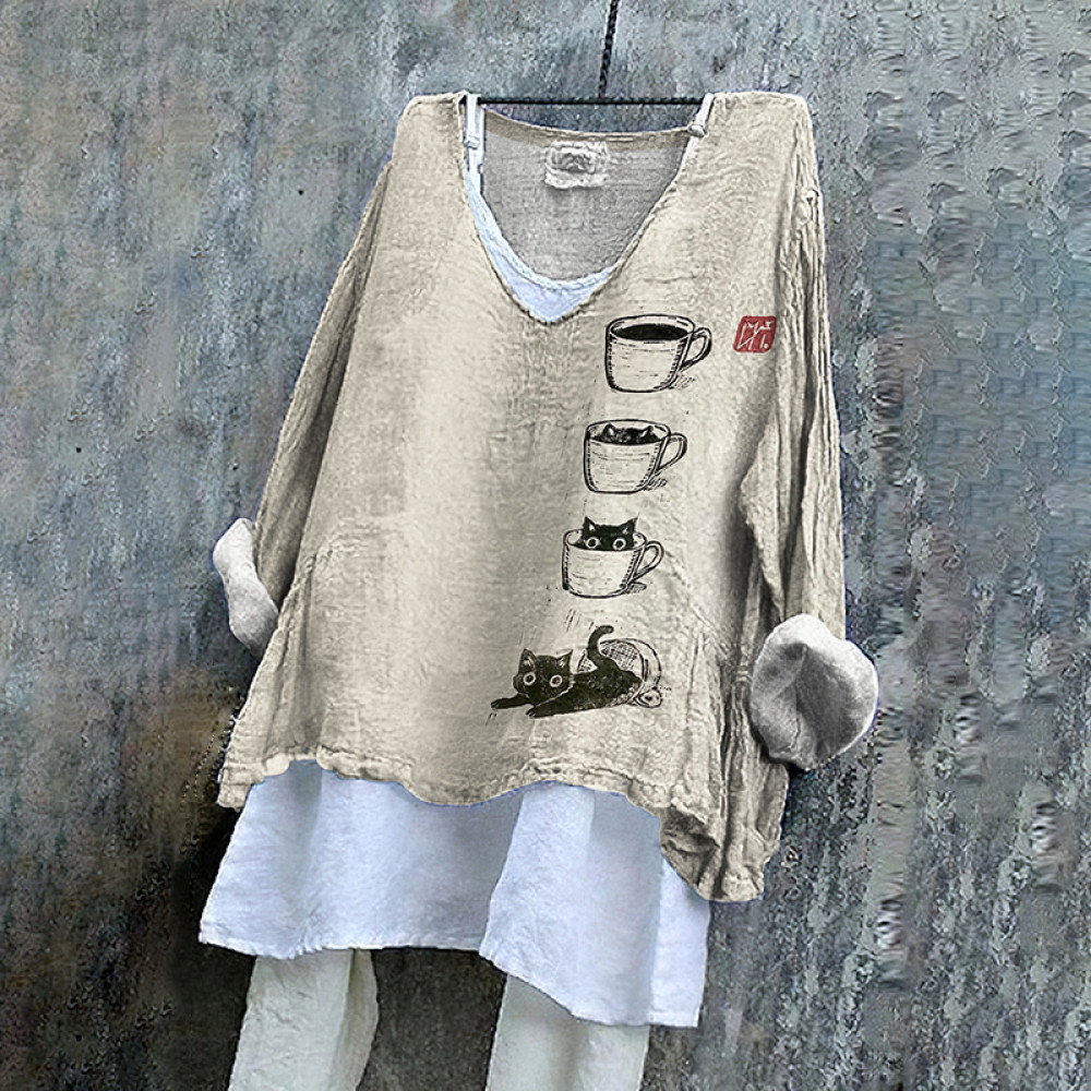 Women's Cat Coffee Cup Japanese Art Painting Print V-Neck Blouse