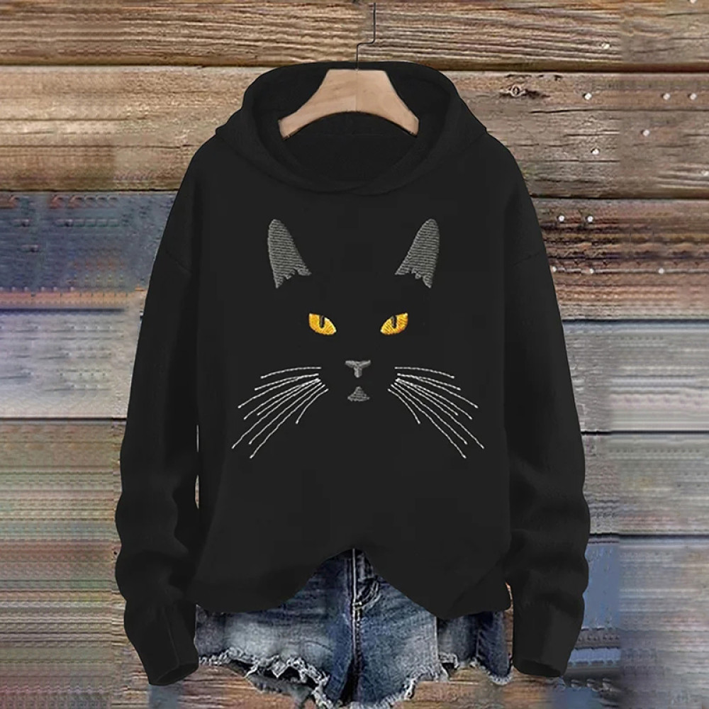 Women's Cat Features Embroidery Print Hooded Sweatshirt