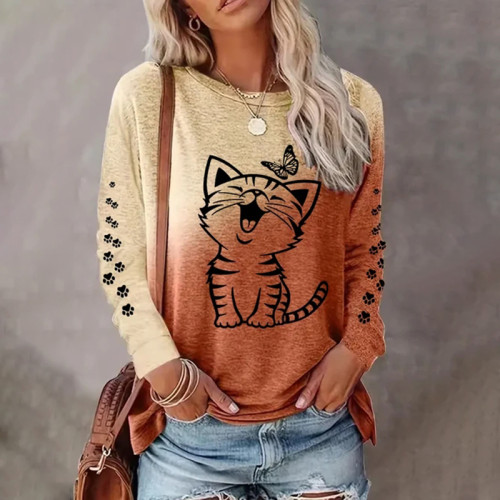 Women's Cat Gradient Print Long-Sleeve T-Shirt