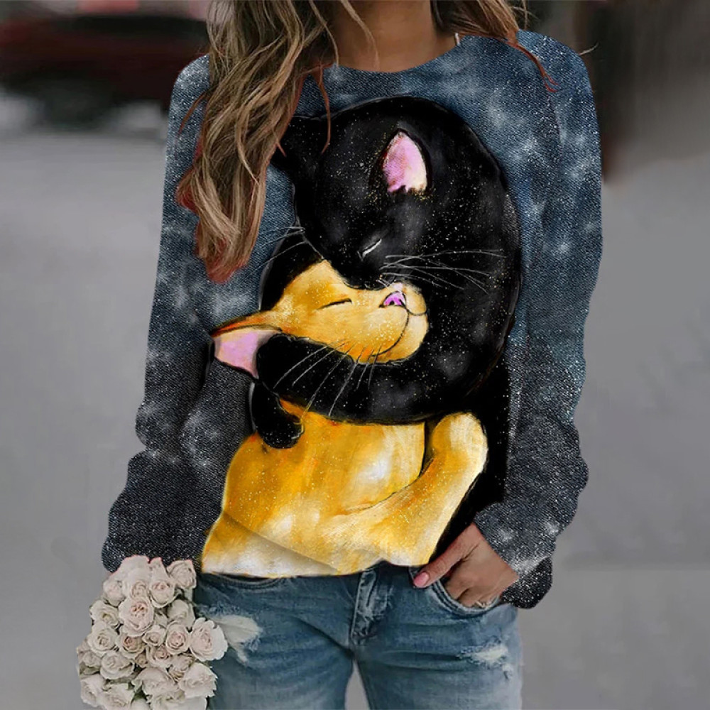 Women's Cat Hug Print Long Sleeve Sweatshirt