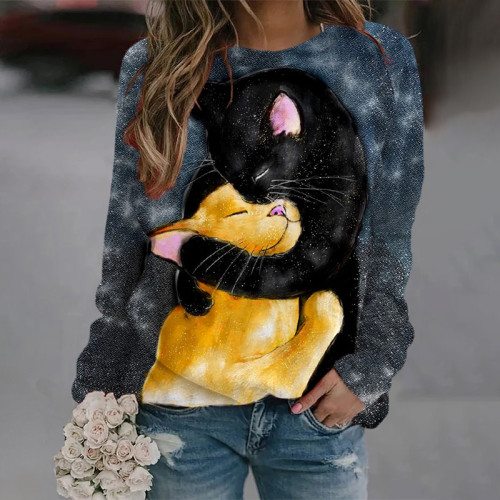 Women's Cat Hug Print Long Sleeve Sweatshirt