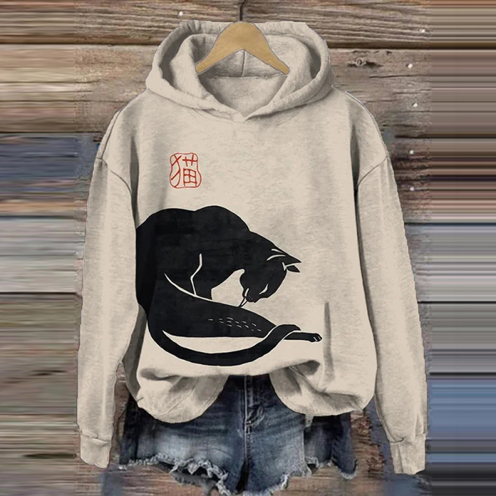 Women's Cat Japanese Lino Art Painting Print Casual Hoodie