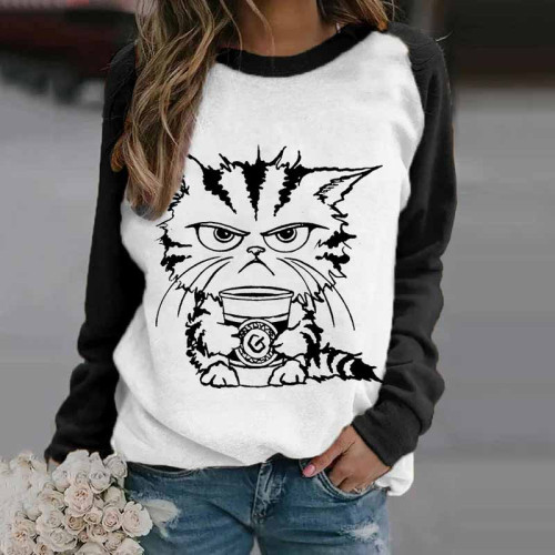 Women's Cats And Coffee Print Casual Sweatshirt
