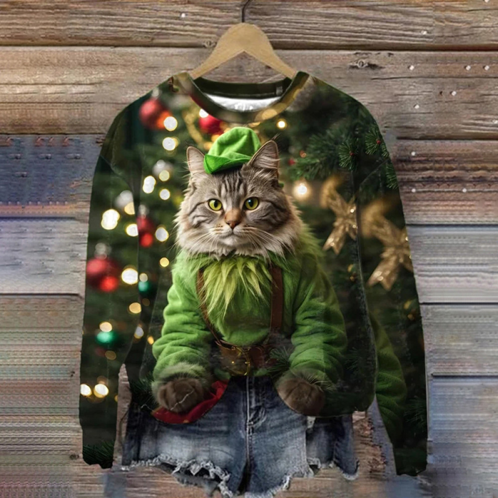 Women's Christmas Cat Print Long Sleeve Sweatshirt