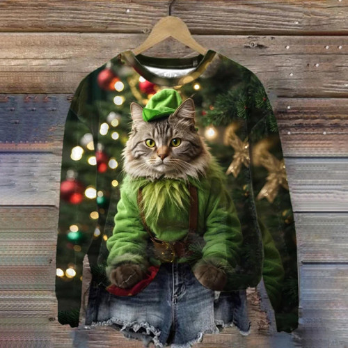 Women's Christmas Cat Print Long Sleeve Sweatshirt