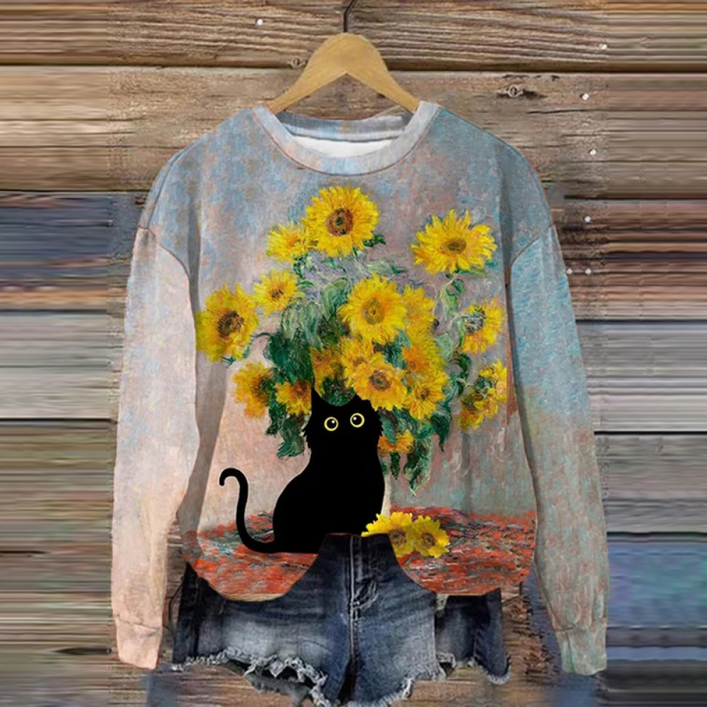 Women's Claude Monet Sunflowers Cat Print Sweatshirt