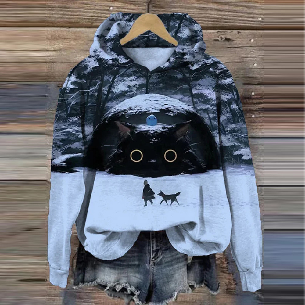 Women's Colorblock Huge Black Cat Snowfield Art Print Casual Hoodie