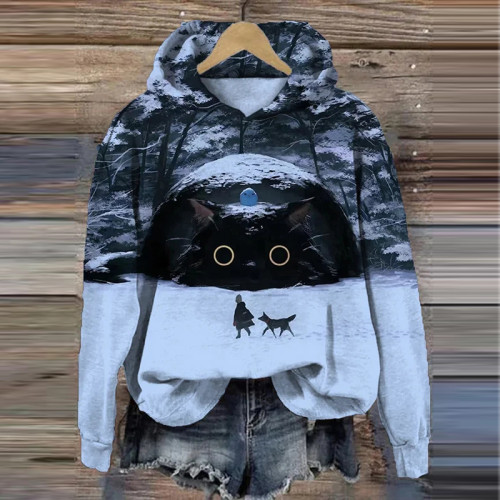 Women's Colorblock Huge Black Cat Snowfield Art Print Casual Hoodie