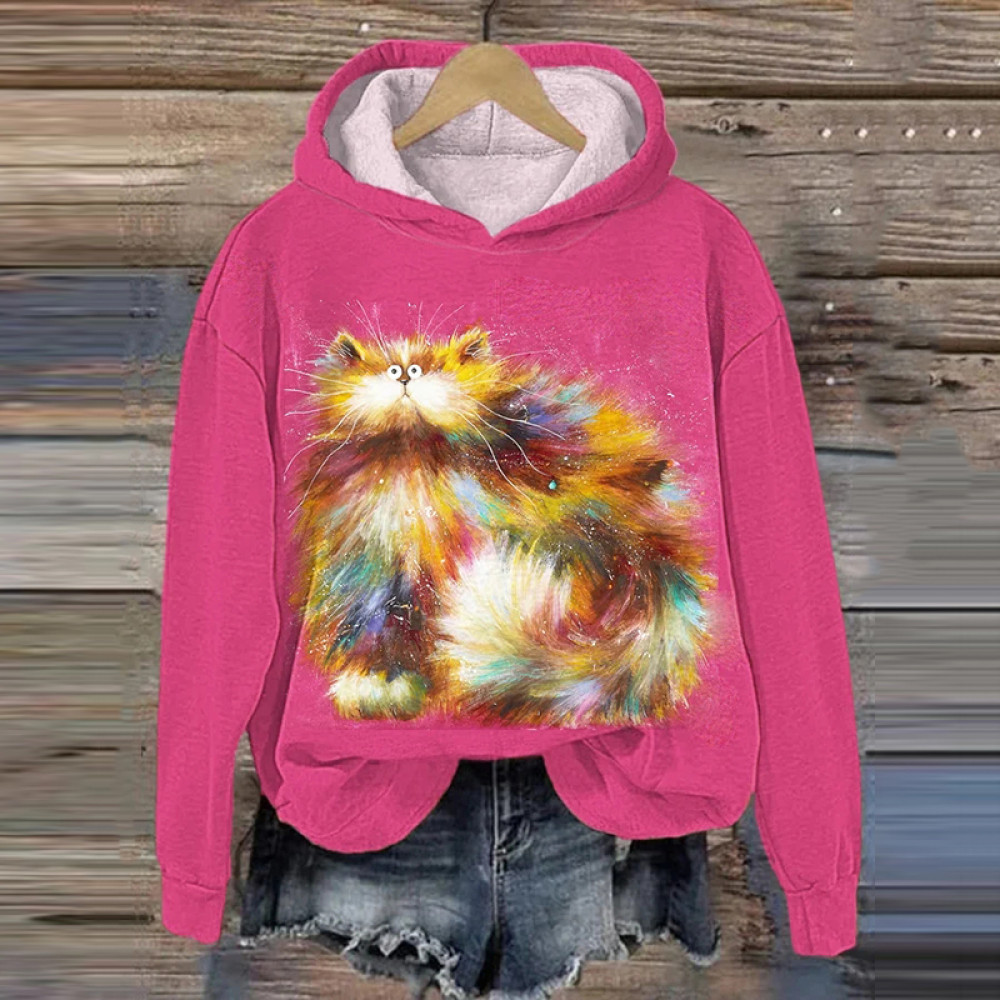 Women's Colorful Fluffy Cat Print Hoodie