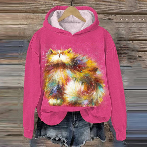 Women's Colorful Fluffy Cat Print Hoodie