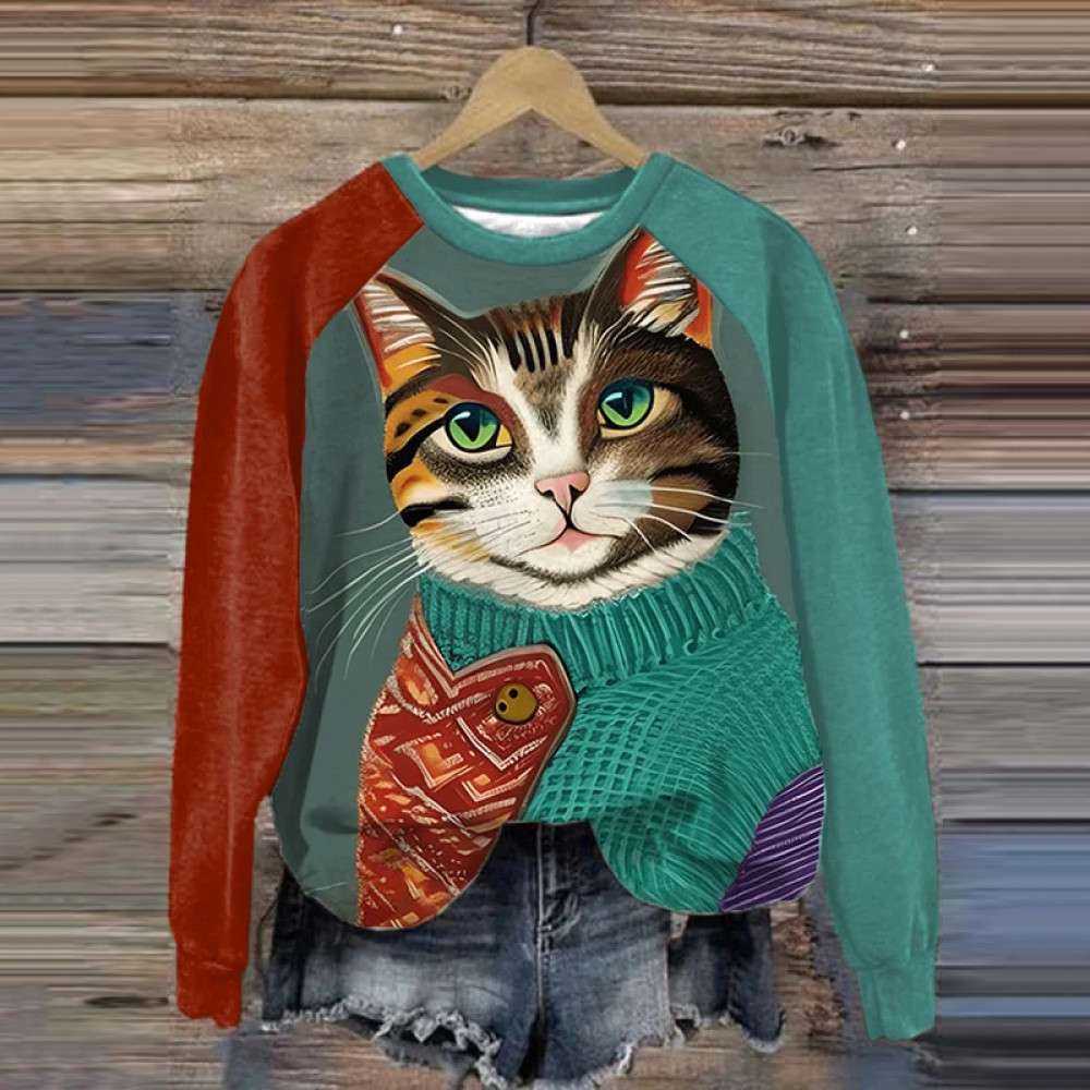 Women's Contrast Color Cat Casual Sweatshirt