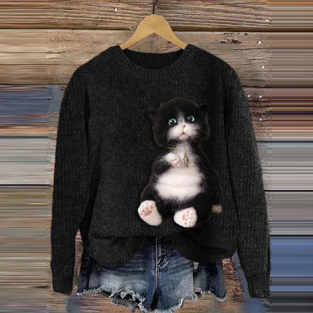 Women's Cute Black Cat Casual Sweater