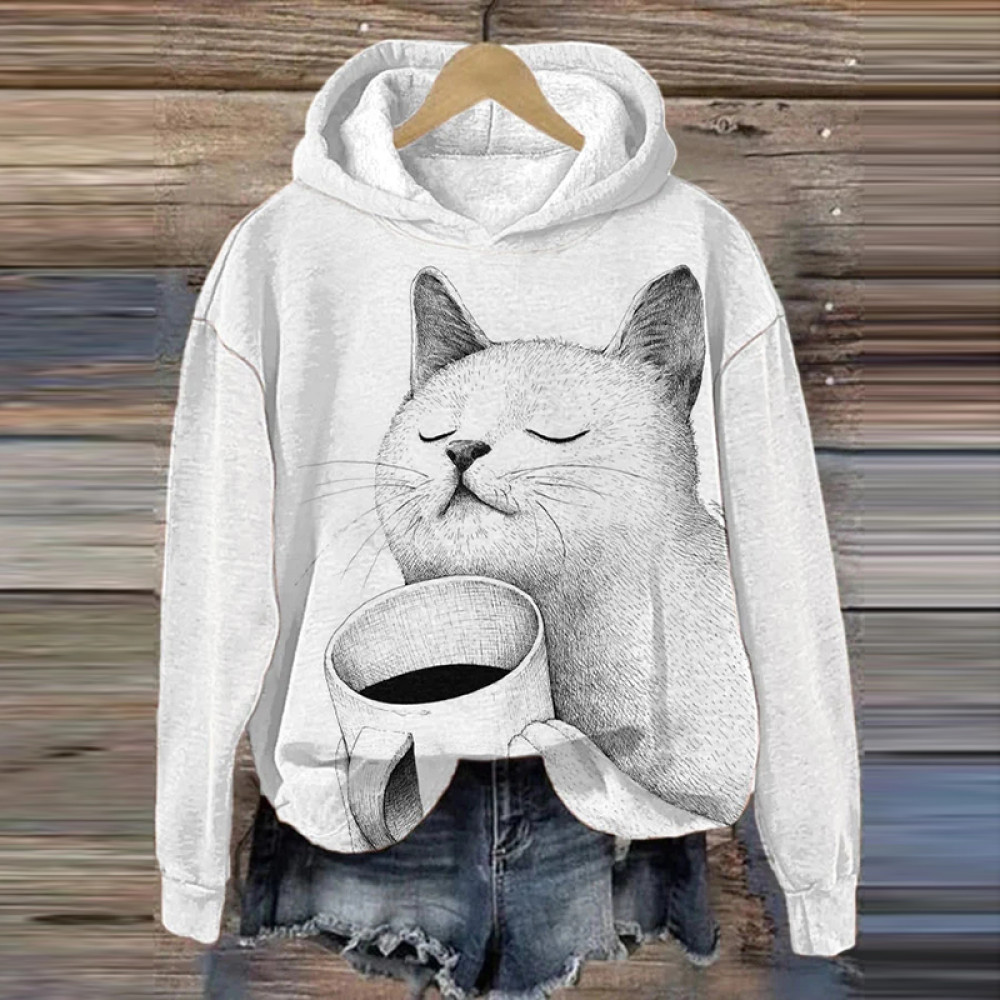Women's Cute Cat Print Casual Hooded Sweatshirt