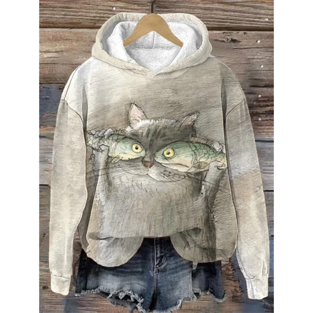 Women's Cute Cat Print Casual Hoodie