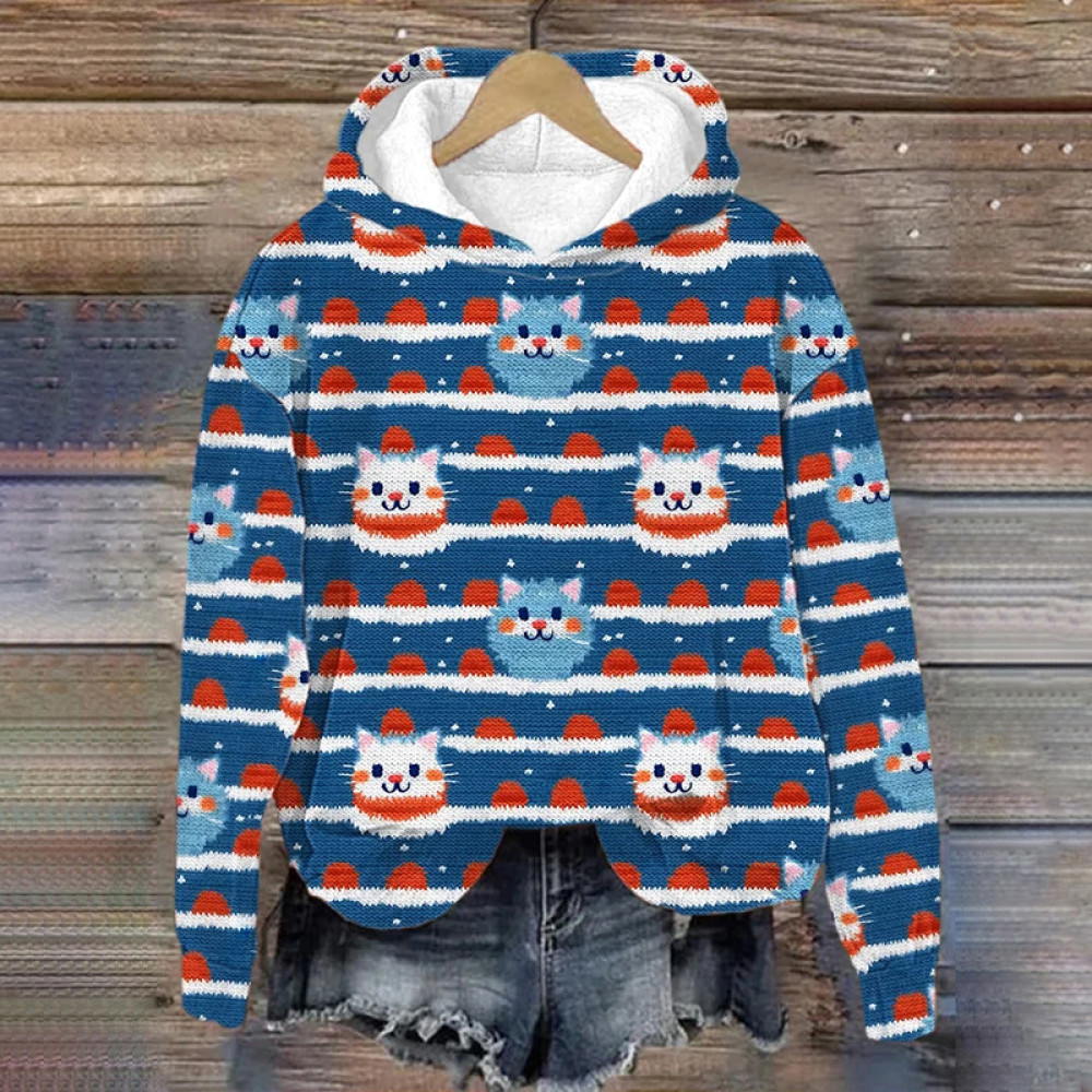 Women's Cute Cat Stripe Print Hoodie