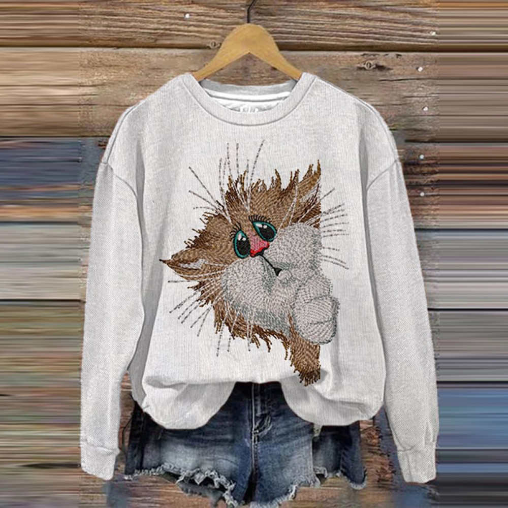 Women's Cute Scared Cat Graphic Print Comfy Sweatshirt