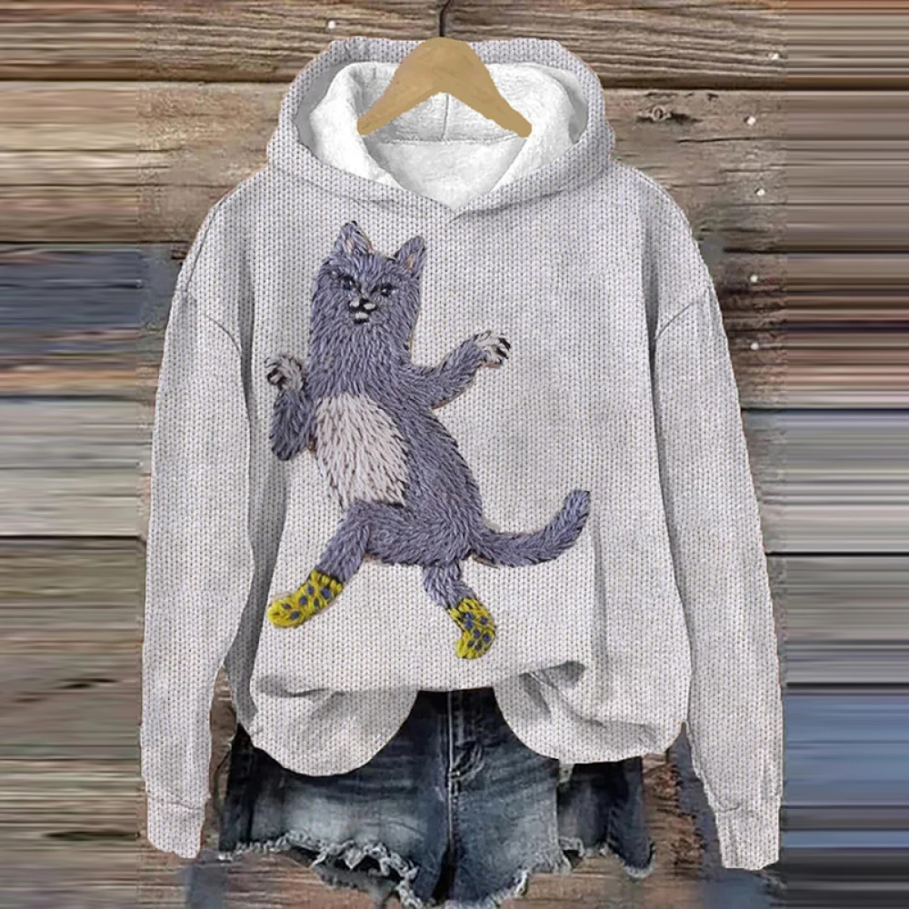 Women's Dancing Cat With Socks Print Funny Hooded Sweatshirt
