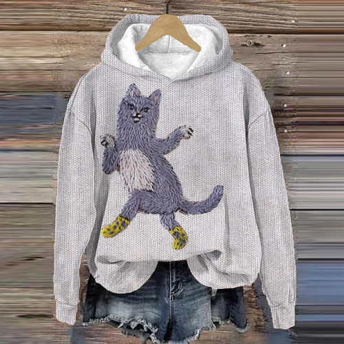Women's Dancing Cat With Socks Print Funny Hooded Sweatshirt