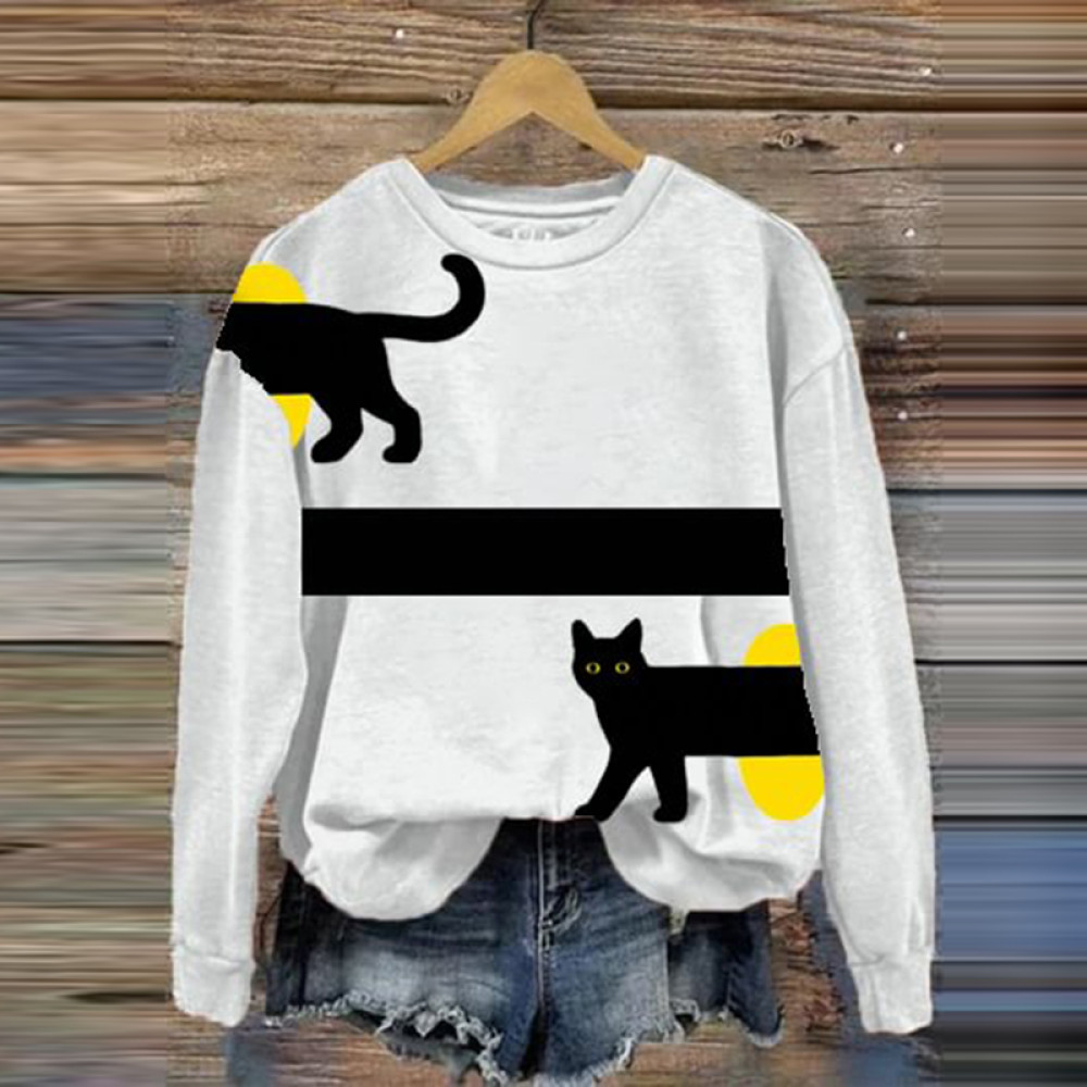 Women's Funny Black Cat Cozy Round Neck Long Sleeve Sweatshirt