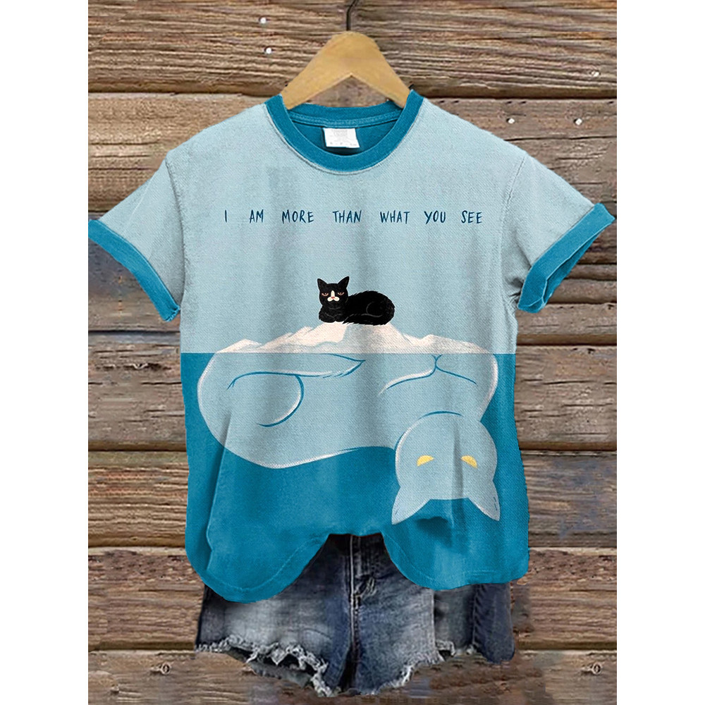 Women's Funny Cat Art Print Casual Vintage T-Shirt