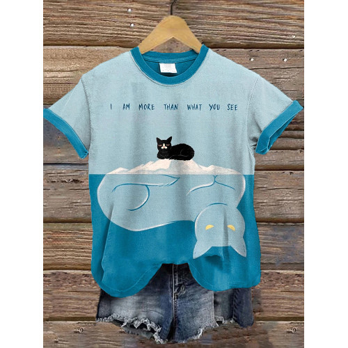 Women's Funny Cat Art Print Casual Vintage T-Shirt