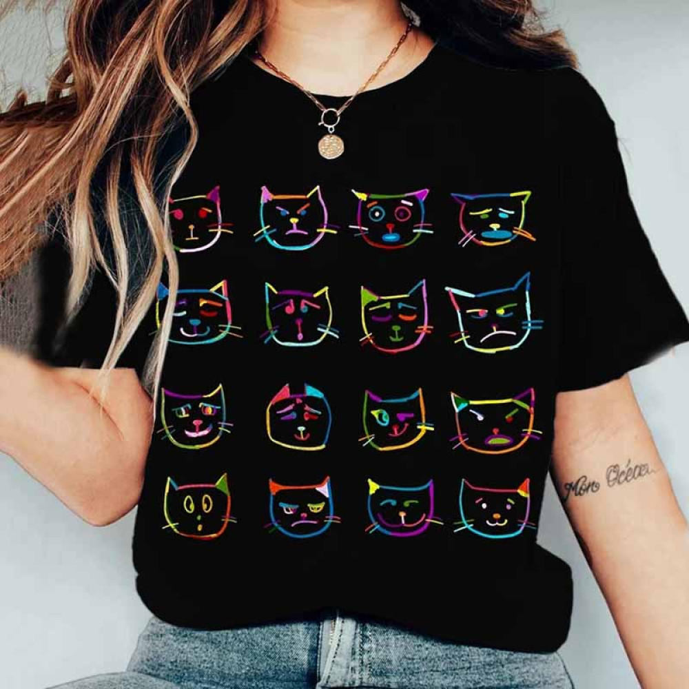 Women's Funny Cat Expression Print Causal T-Shirt