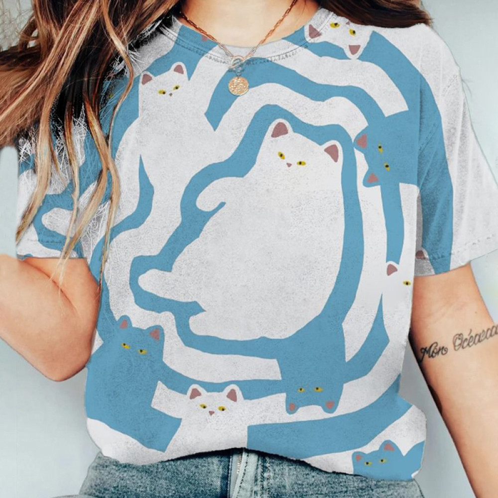 Women's Funny Cat Pattern Abstract Art Print Casual T-Shirt