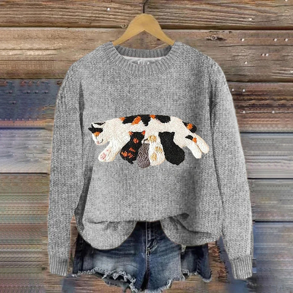 Women's Funny Cat Pattern Crew Neck Casual Sweater