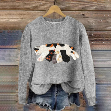 Women's Funny Cat Pattern Crew Neck Casual Sweater