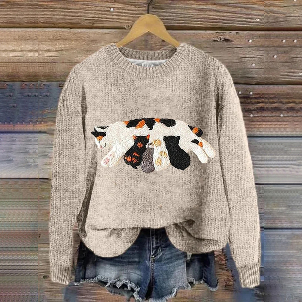 Women's Funny Cat Pattern Crew Neck Casual Sweater