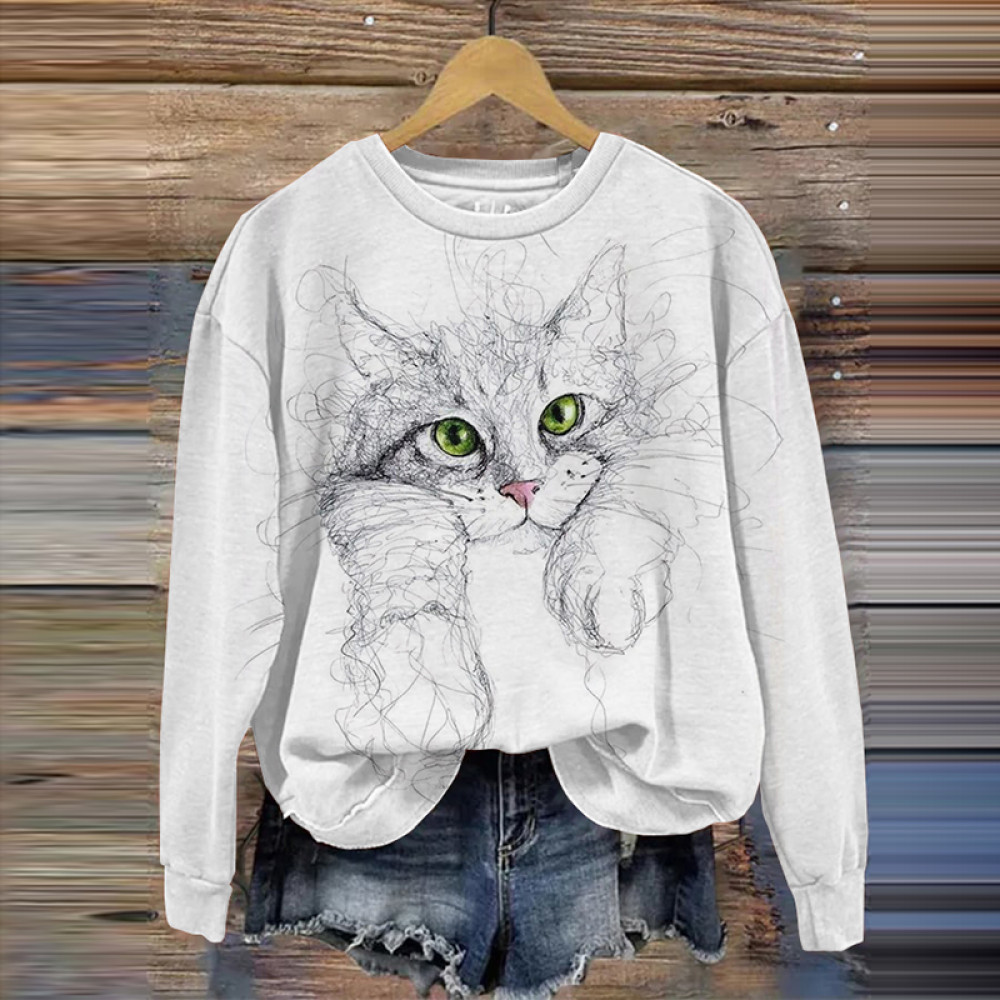 Women's Funny Cat Sketch Printing Casual Sweathshirt