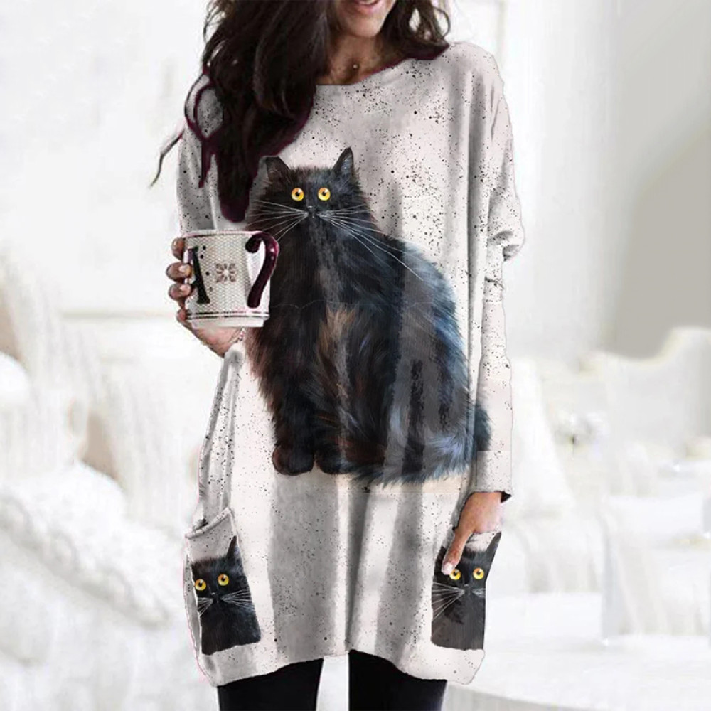 Women's Funny Cute Black Cat Print Casual Long Sleeve Shirt