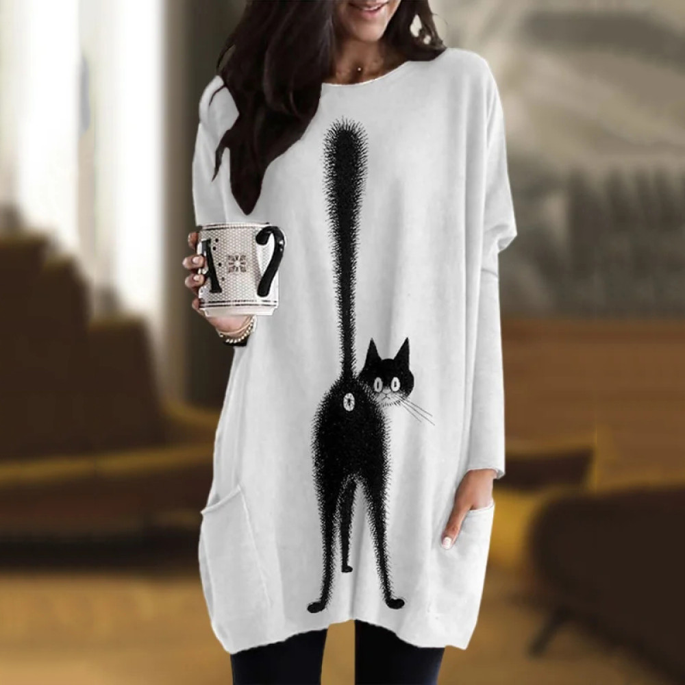 Women's Funny Exclamation Mark Black Cat Print Pocket Long Sleeve Tunic