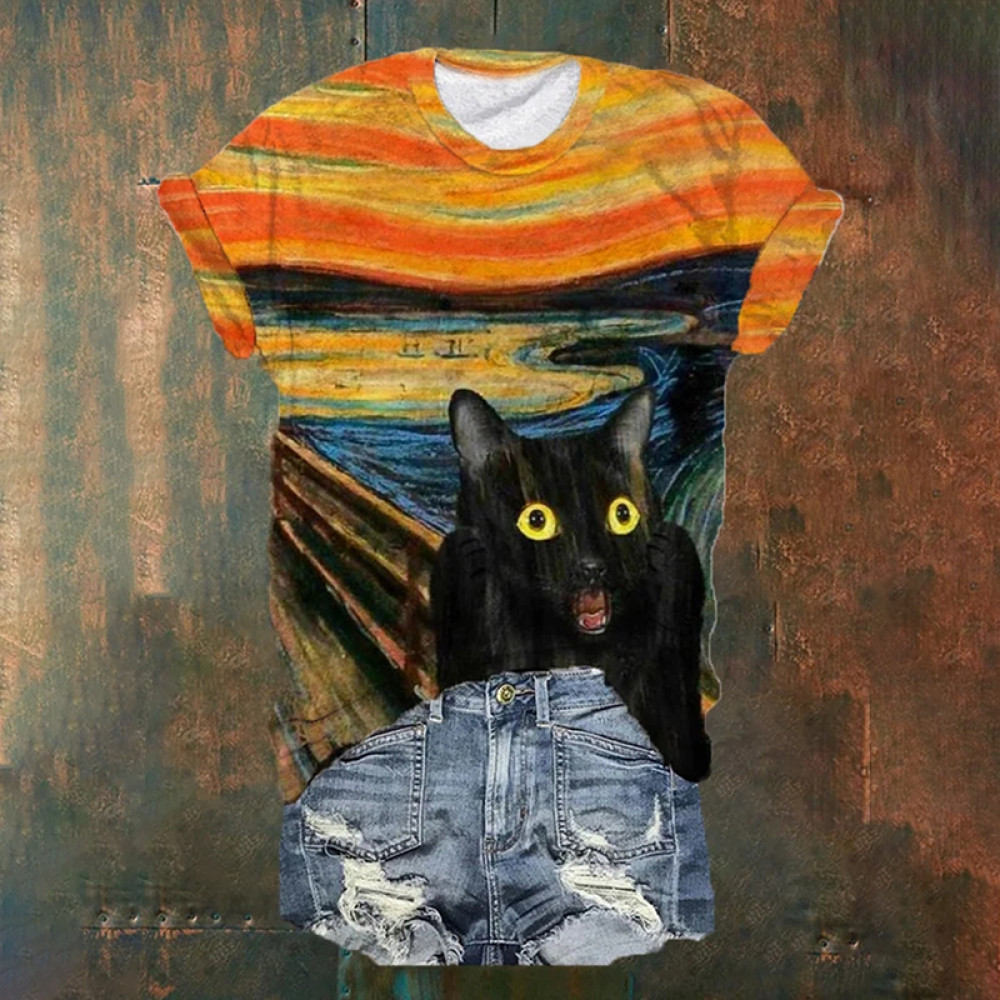 Women's Funny Scream Cat Print Tee