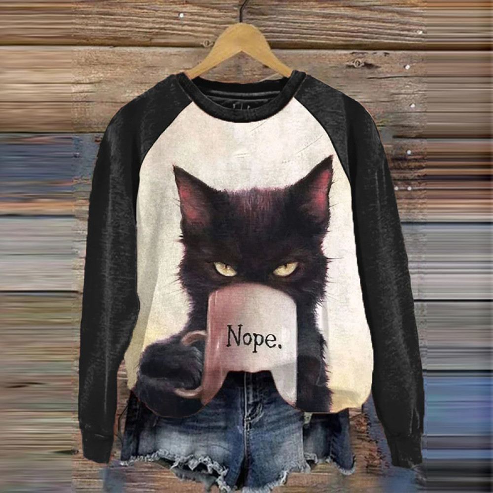 Women's Grumpy Black Cat Nope Coffee Printed Sweatshirt